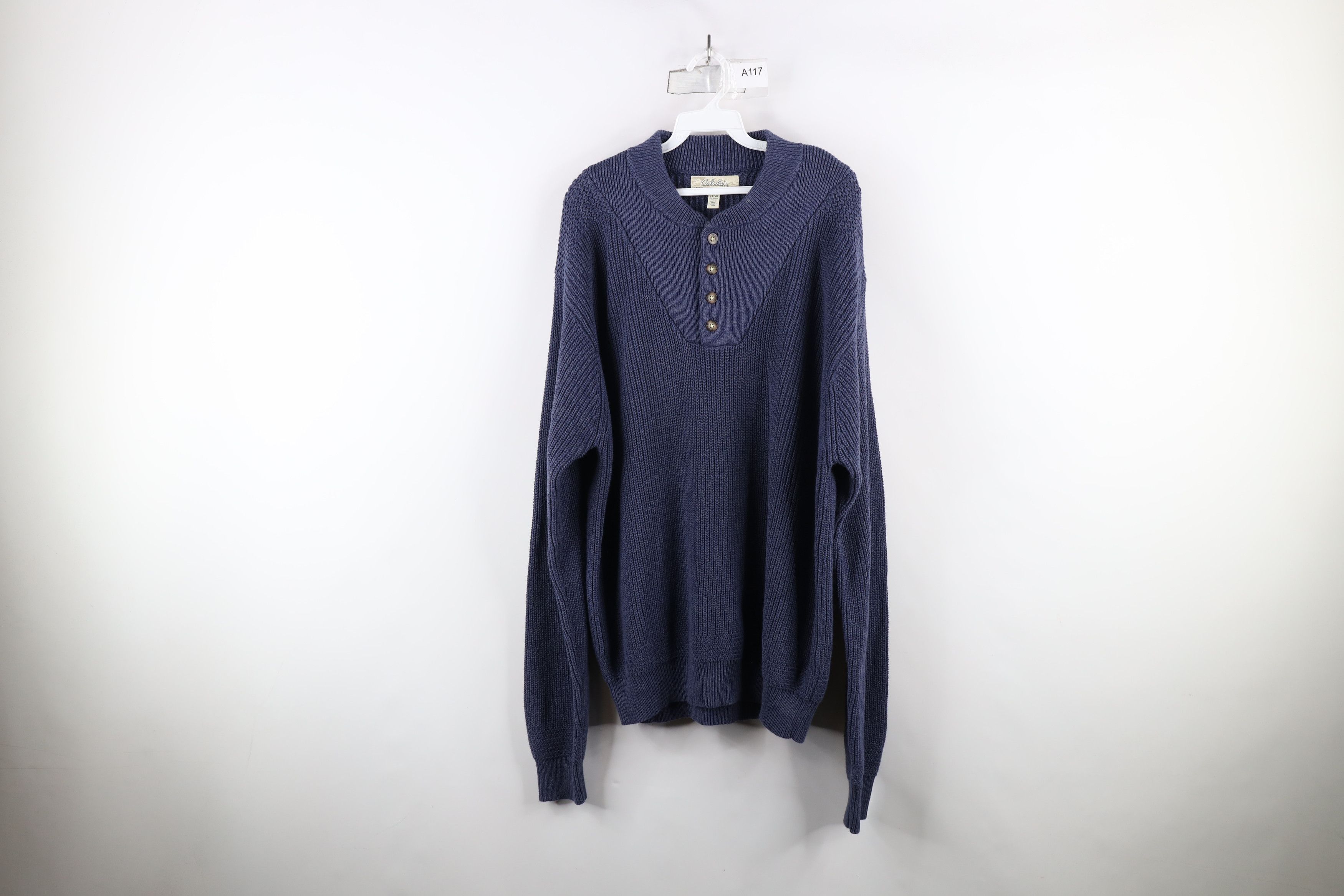 Cabelas × Vintage Vintage Cabelas Blank Cotton Ribbed Knit Henley Sweater Blue Size US L / EU 52-54 / 3 - 1 Thumbnail