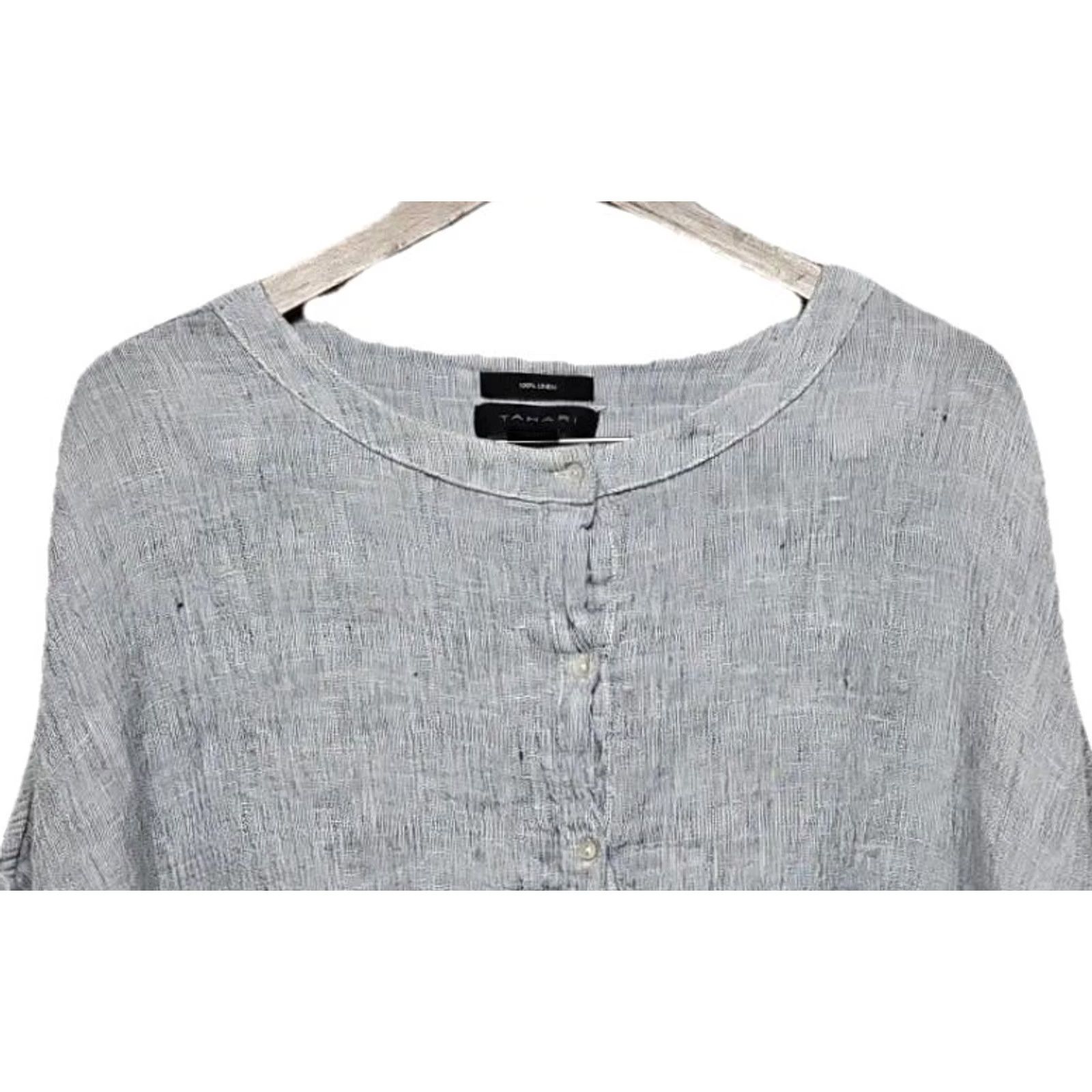 Vintage Tahari 100% Linen Boxy Top Women’s Medium Gray Short Sleeve Relaxed Fit Blouse Size M / US 6-8 / IT 42-44 - 2 Thumbnail