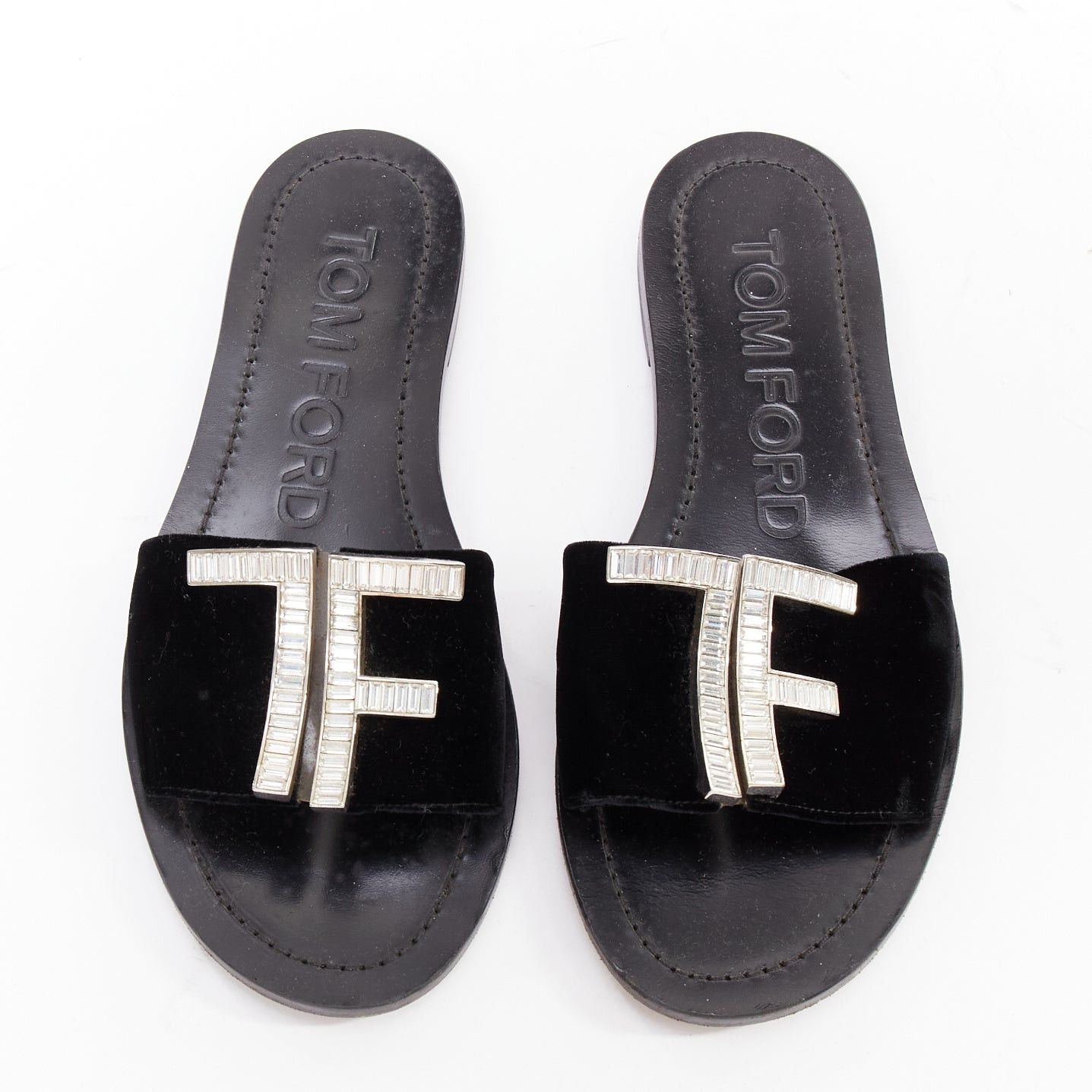 Tom Ford TOM FORD black velvet silver big crystal TF embellished flat sandals EU38 Size US 8 / IT 38 - 1 Thumbnail