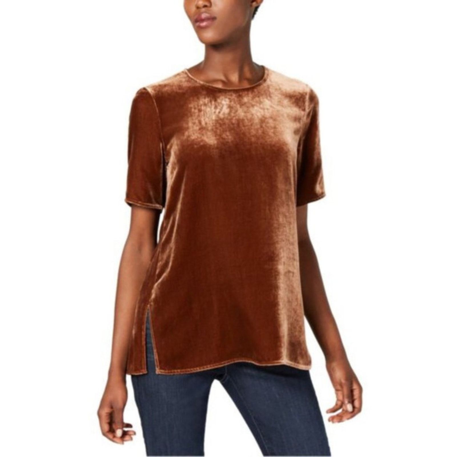 image of New Eileen Fisher Velvet Short Sleeve Silk Blend Blouse Pp in Brown, Women's (Size XS)