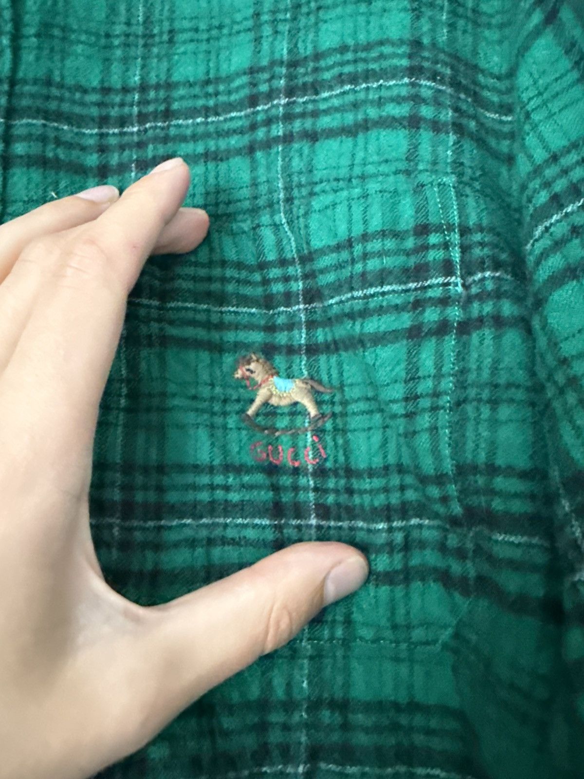 Gucci Green Wool Flannel Shirt with Embroidered Rocking Horse Size US M / EU 48-50 / 2 - 4 Thumbnail