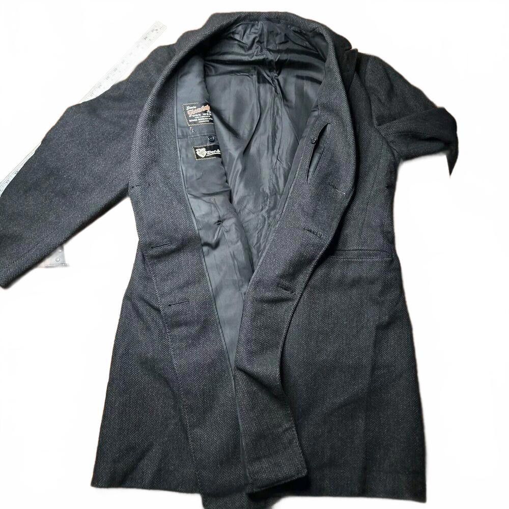 Designer Vintage Made in England Men's Wool Pea / Overcoat Black C2 Size US L / EU 52-54 / 3 - 1 Thumbnail