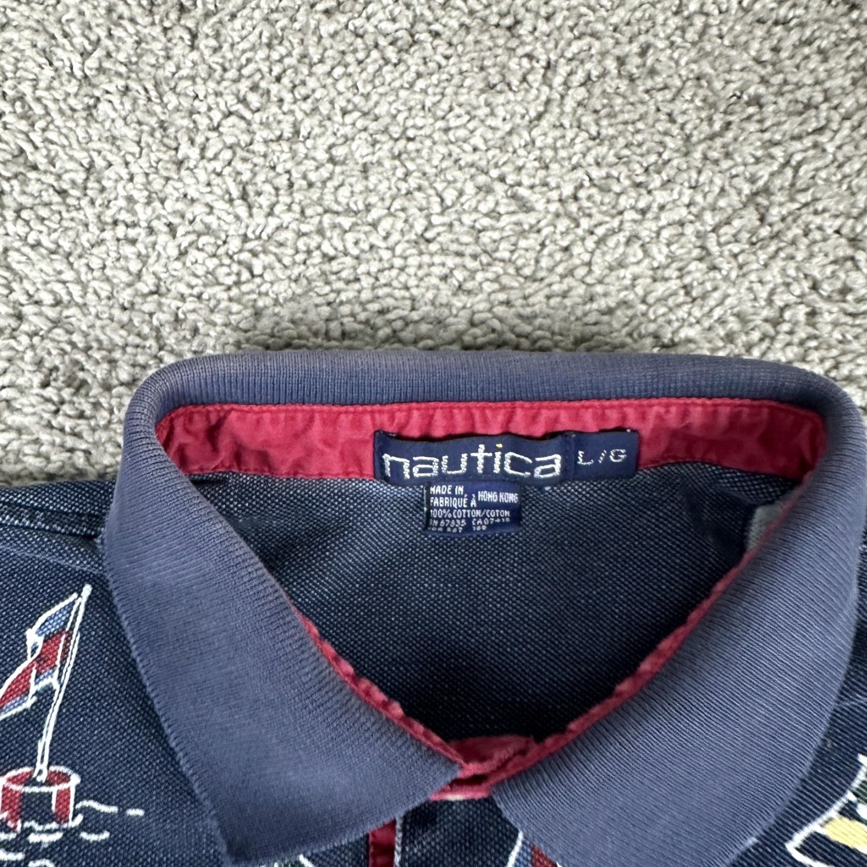 Nautica VINTAGE Nautica Polo Shirt Mens Large Sailboat Print Short Sleeve 90s Hong Kong Navy Collar 100% Cotton Graphic Print Passes Size US L / EU 52-54 / 3 - 7 Thumbnail