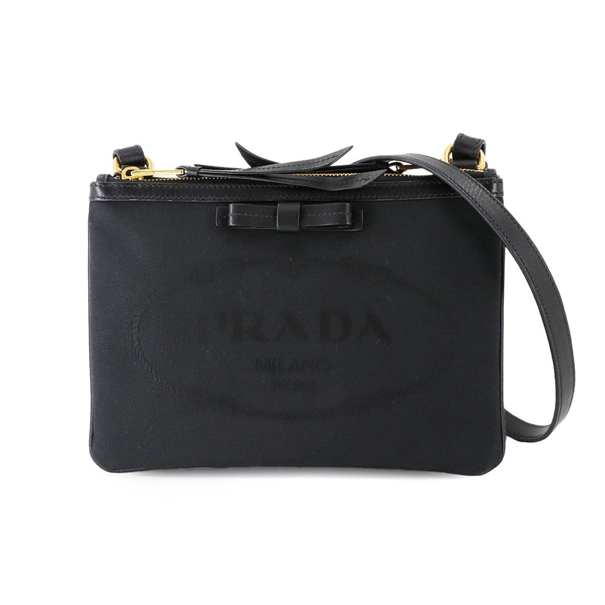Prada Shoulder Bag Canvas Leather Black Ribbon Gold Metal Fittings 1Bh046, Women's
