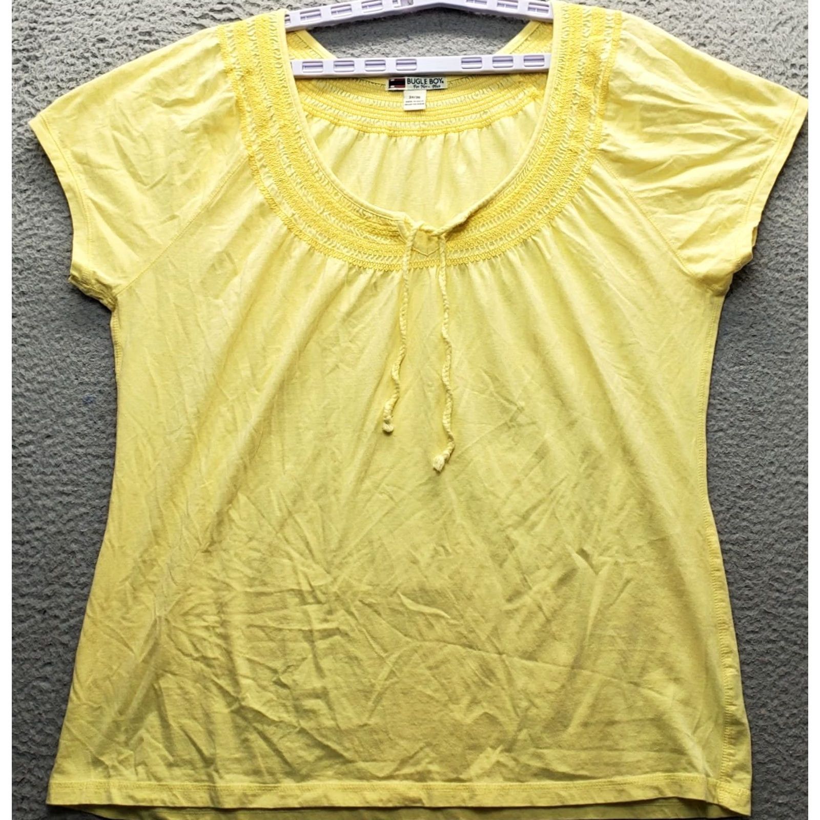 Bugle Boy Bugle Boy Womens 3X Yellow Peasant Top Short-Sleeve Round Neck Tie Front Blouse Shirt Dressy Casual Shirt Womens Size 3X Yellow Size XXL / US 16-18 / IT 52-54 - 2 Thumbnail