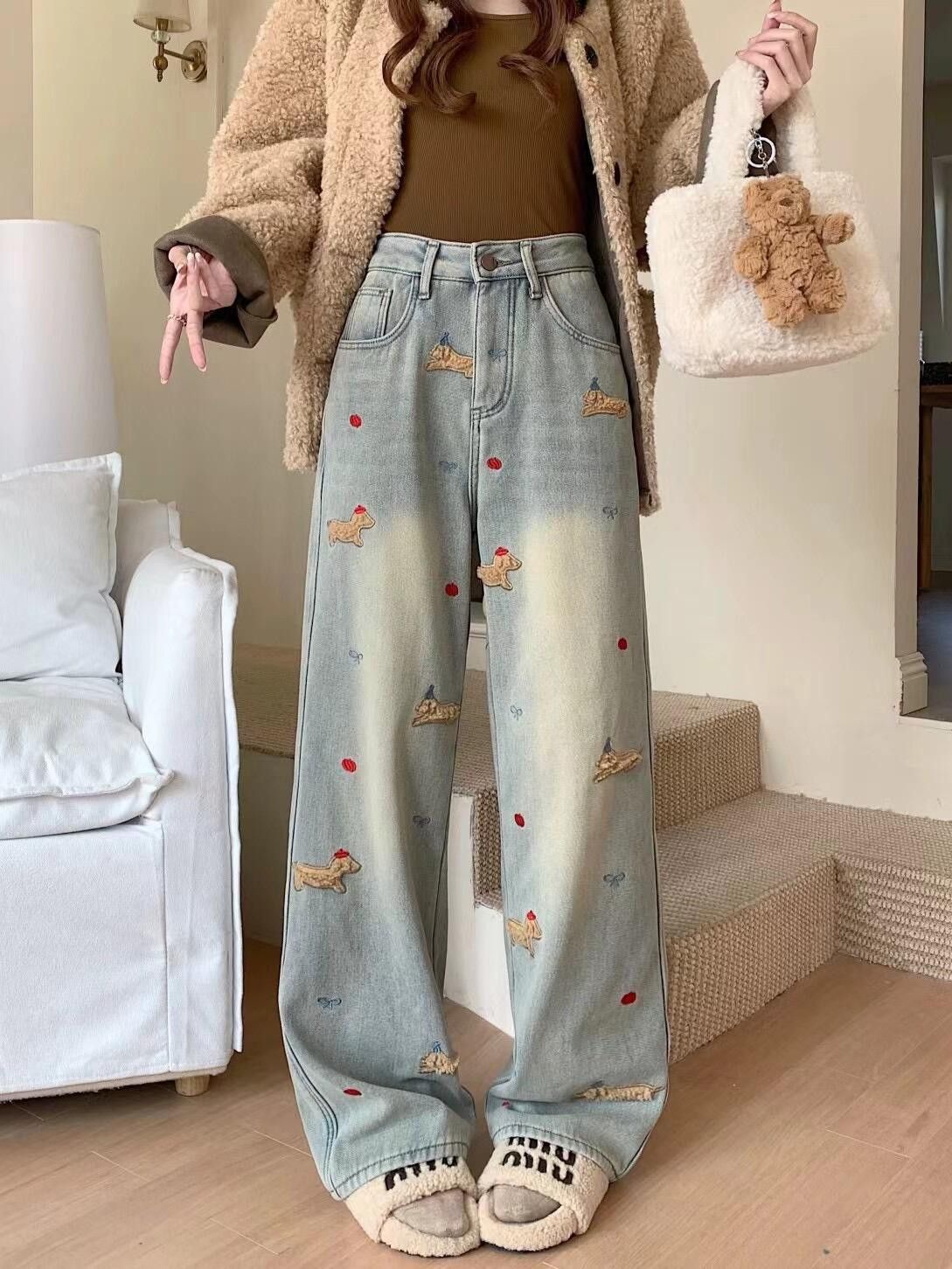Japanese Brand × Jean Loose straight leg embroidered wide leg jeans Size US 30 / EU 46 - 1 Thumbnail
