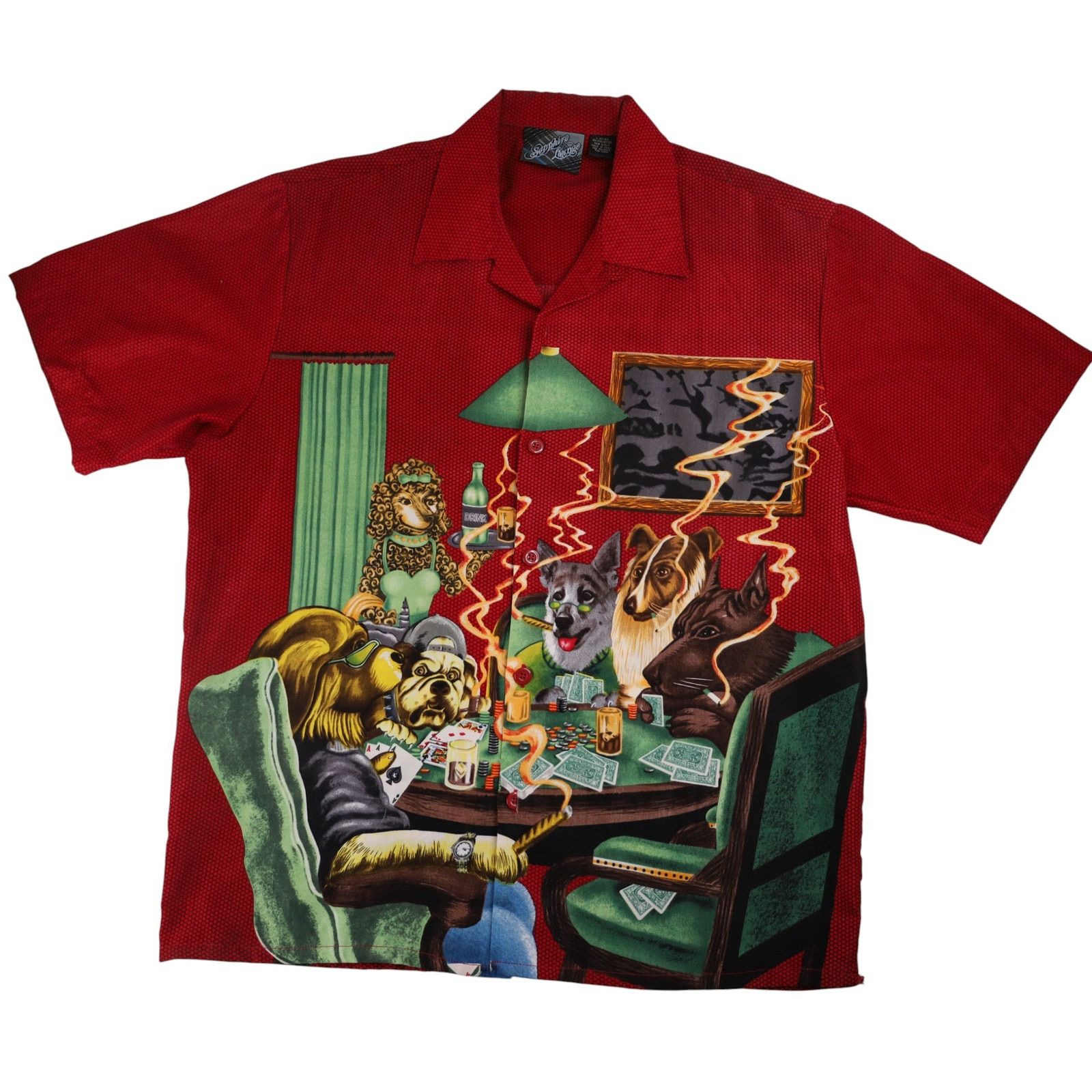 VTG Sapphire Lounge Dogs Playing Poker Graphic Button Up