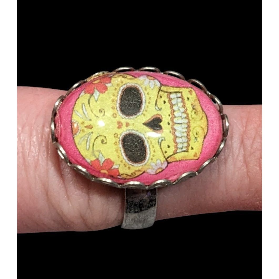 Other Gothic Sugar Skull Dome Cabochon Adjustable Ring Size 8 Size ONE SIZE - 2 Thumbnail