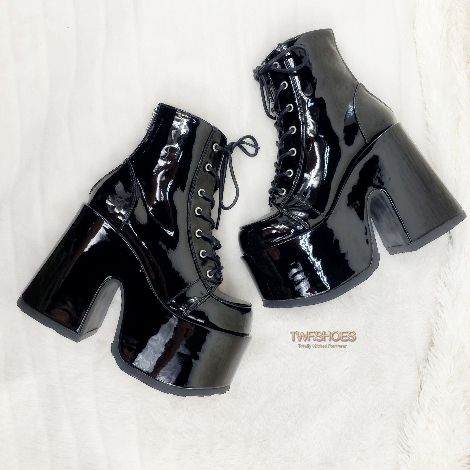 Demonia Cult DEMONIA Camel 203 Stacked Black Patent Platform Goth Punk An Size US 11 / IT 41 - 1 Thumbnail