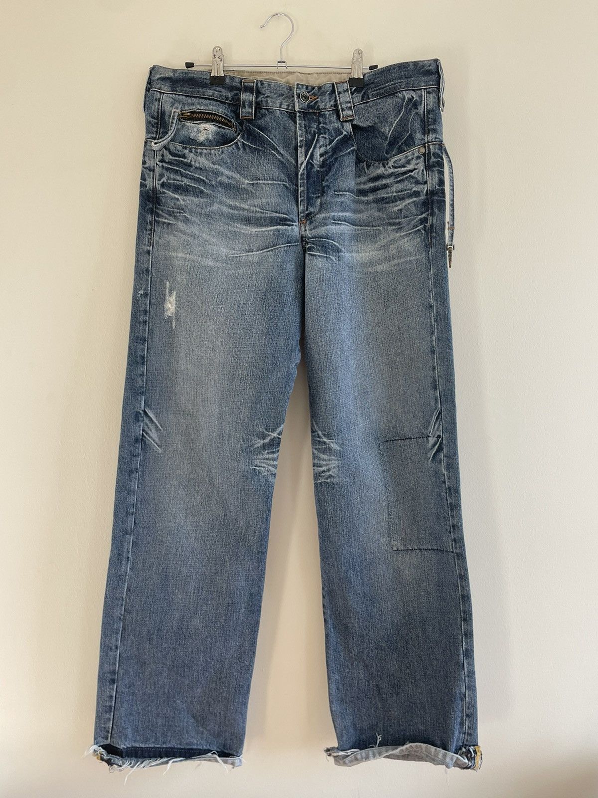 image of Schott Nyc Denim Rider Jeans Wide Leg Distressed 33X34 Vetw5017 in Light Wash, Men's