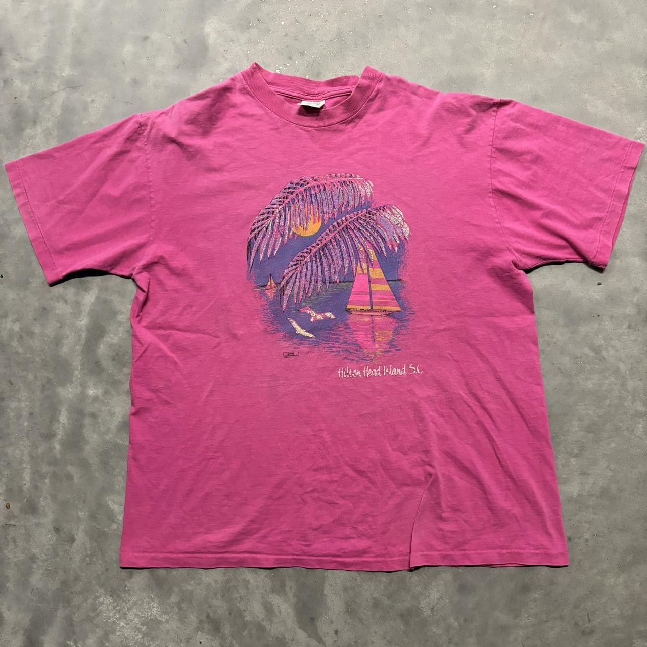 Japanese Brand × Vintage Crazy Vintage 80s Pink Beach Tropical Surf Single Stitch Graphic Tee! Size US XL / EU 56 / 4 - 1 Thumbnail