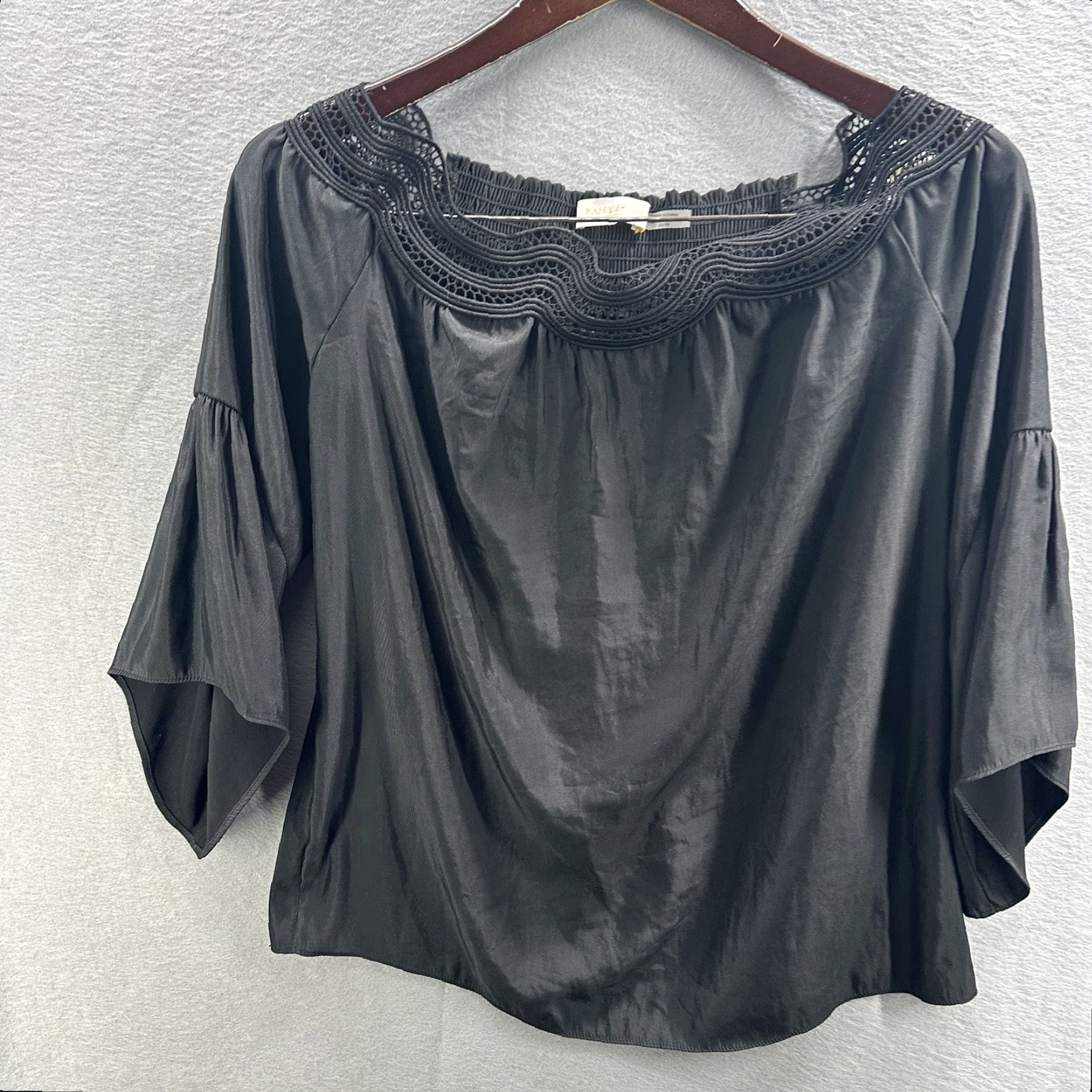 Ramy Brook Blouse Priscilla Womens XS Off The Shoulder Lace Bell Sleeve 3/4 Sleeve Black Tunic Shirt XS Womens