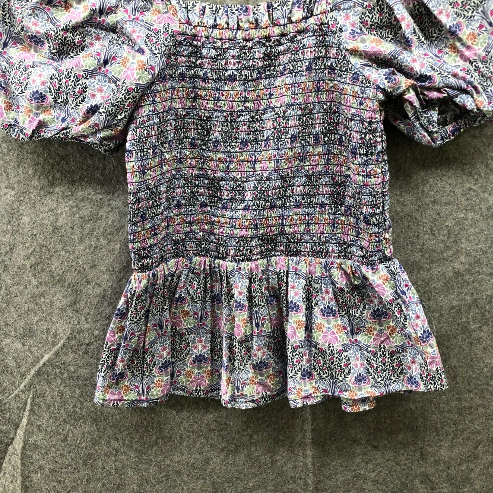 J.Crew J. Crew Blouse XXS Purple Puff Sleeve Square Neck Smocked Peplum Floral Cotton Liberty Of London Womens Size XXS / US 00 / IT 34 - 4 Thumbnail