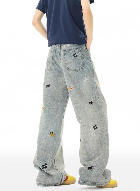 Japanese Brand Men's washed distressed wide-leg puppy embroidered jeans Size US 32 / EU 48 - 5 Thumbnail