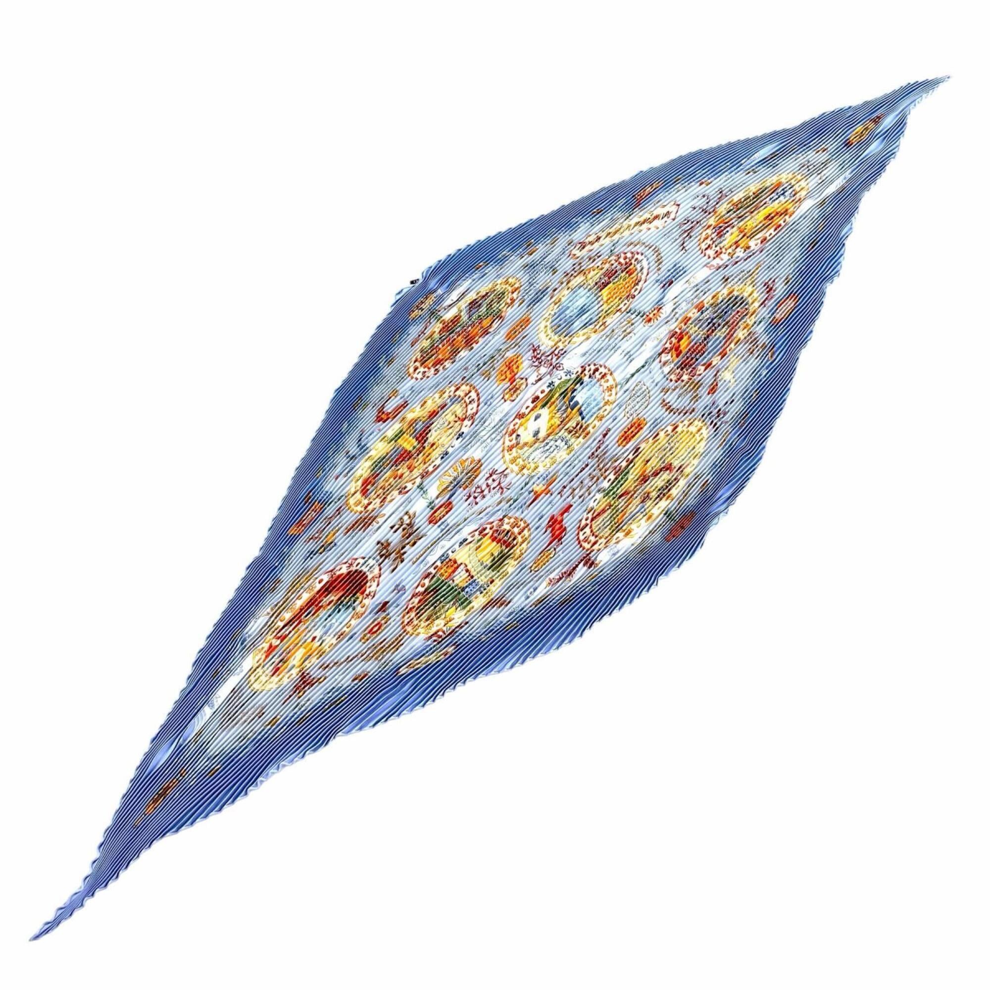 Hermes HERMES Carre 90 Escales Mediterraneennes (Mediterranean port towns) 100% Silk Diamond-shaped Pleated Scarf/Muffler, Blue, Women's, with Box. Size ONE SIZE - 1 Thumbnail
