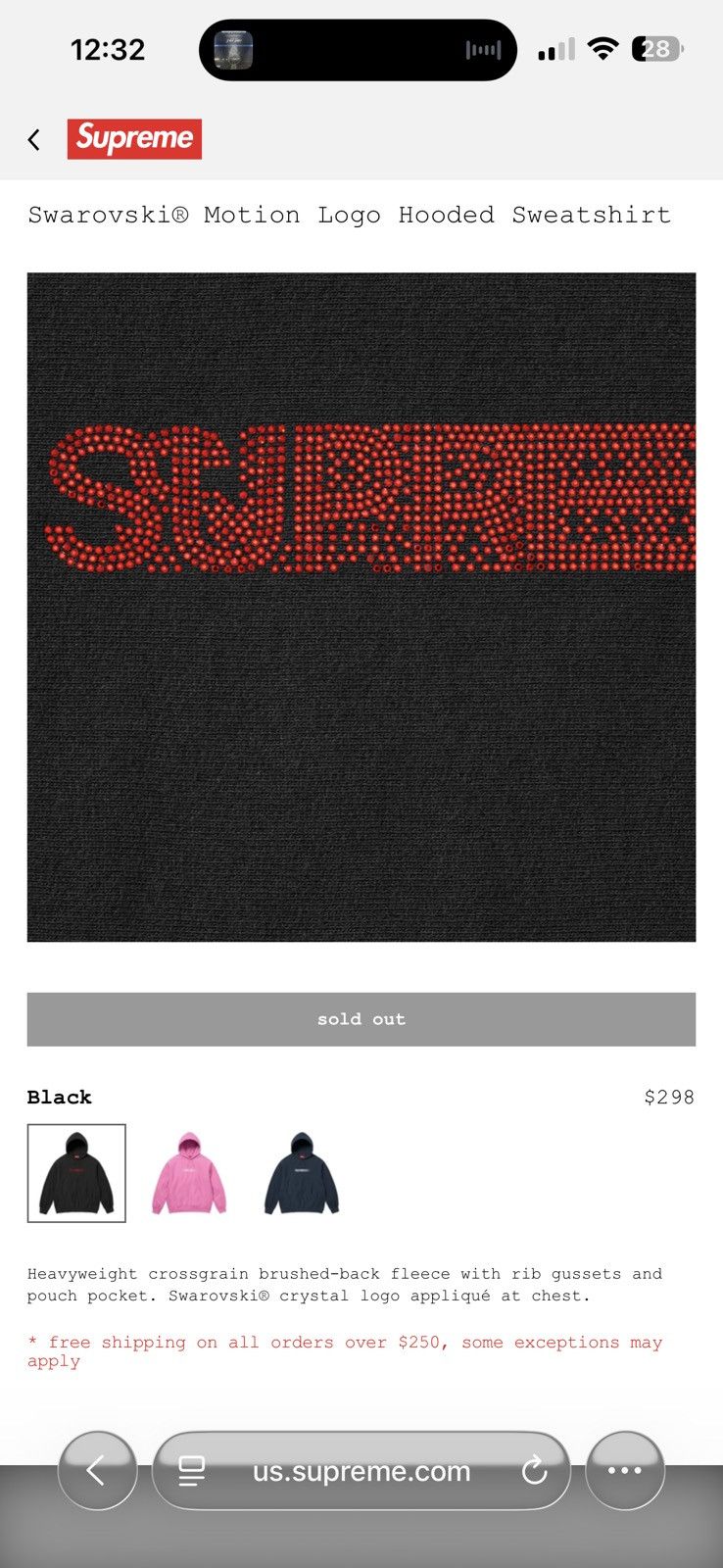 Supreme Swarovski® Motion Logo Hooded Sweatshirt Black