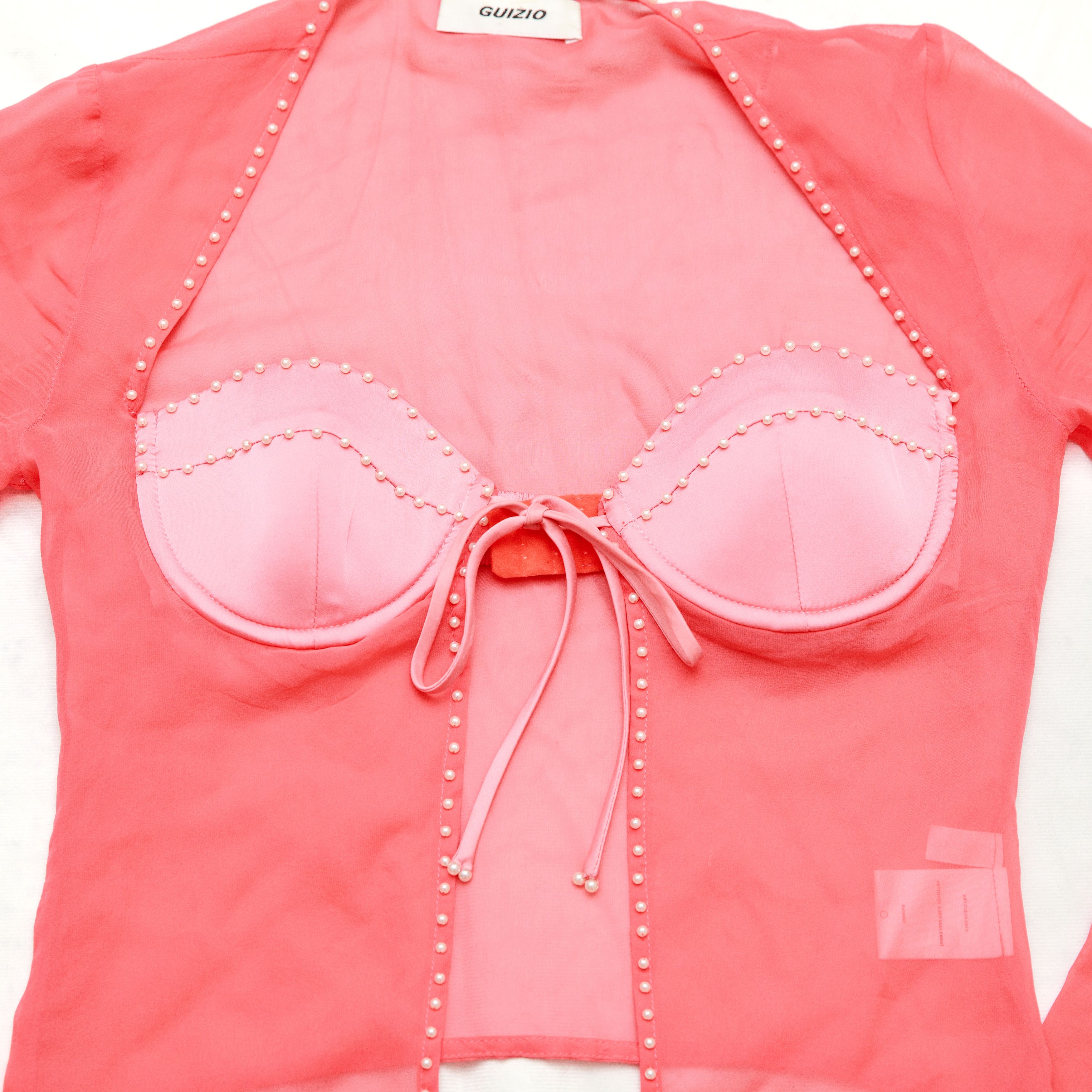 Guizio Danielle Guizio Long Sleeve Pearl Trim Top In Punch Silk Size XS / US 0-2 / IT 36-38 - 2 Thumbnail