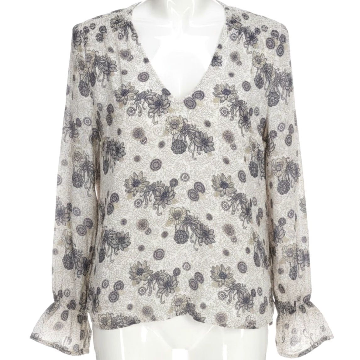 Lucky Brand Lucky Brand Blouse Gray White Beige V-Neck Long Sleeve Paisley Bohemian Women S Regular Shirt Dressy Casual Indoor-Outdoor Womens Size S / US 4 / IT 40 - 2 Thumbnail