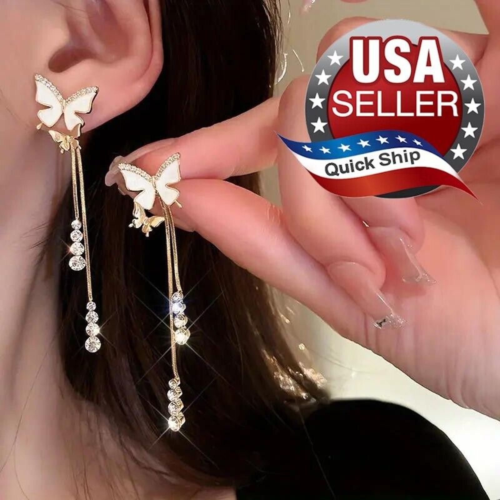 Other Elegant Butterfly Earrings • 14K Plated Sparkling Dangling Size ONE SIZE - 1 Thumbnail