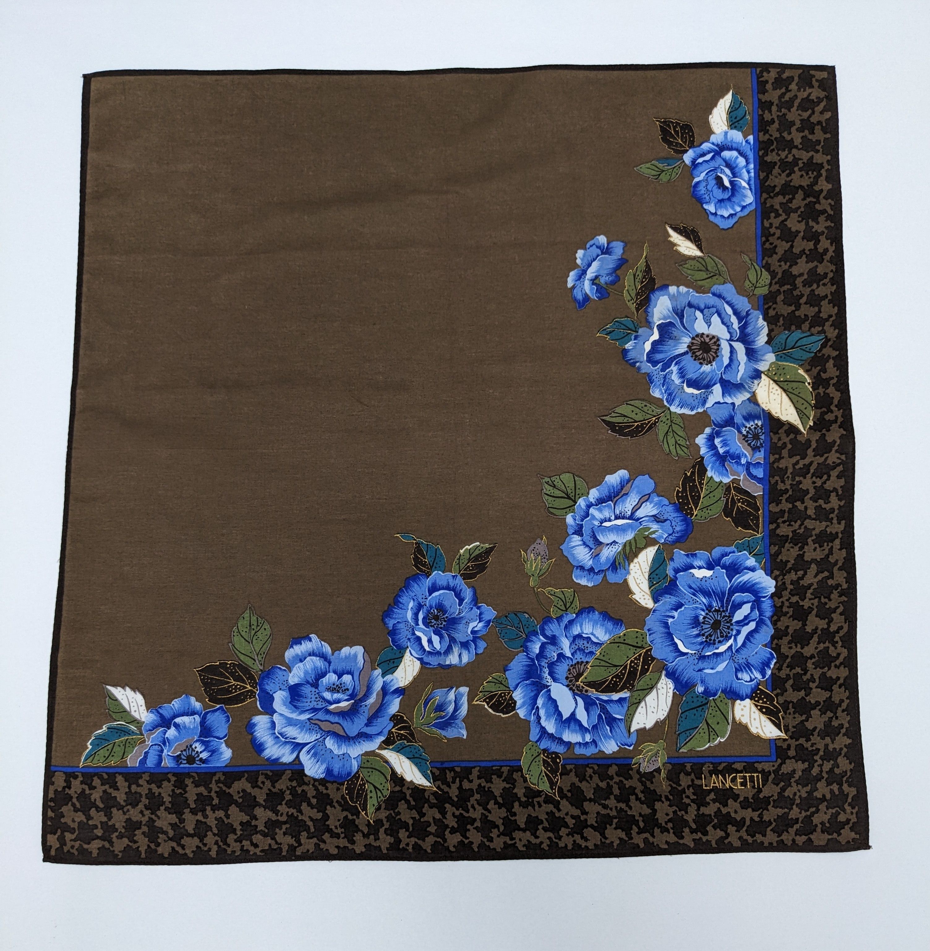 Lui di Lancetti Lancetti Italy Blue Floral & Houndstooth Border Handkerchief Size ONE SIZE - 3 Thumbnail