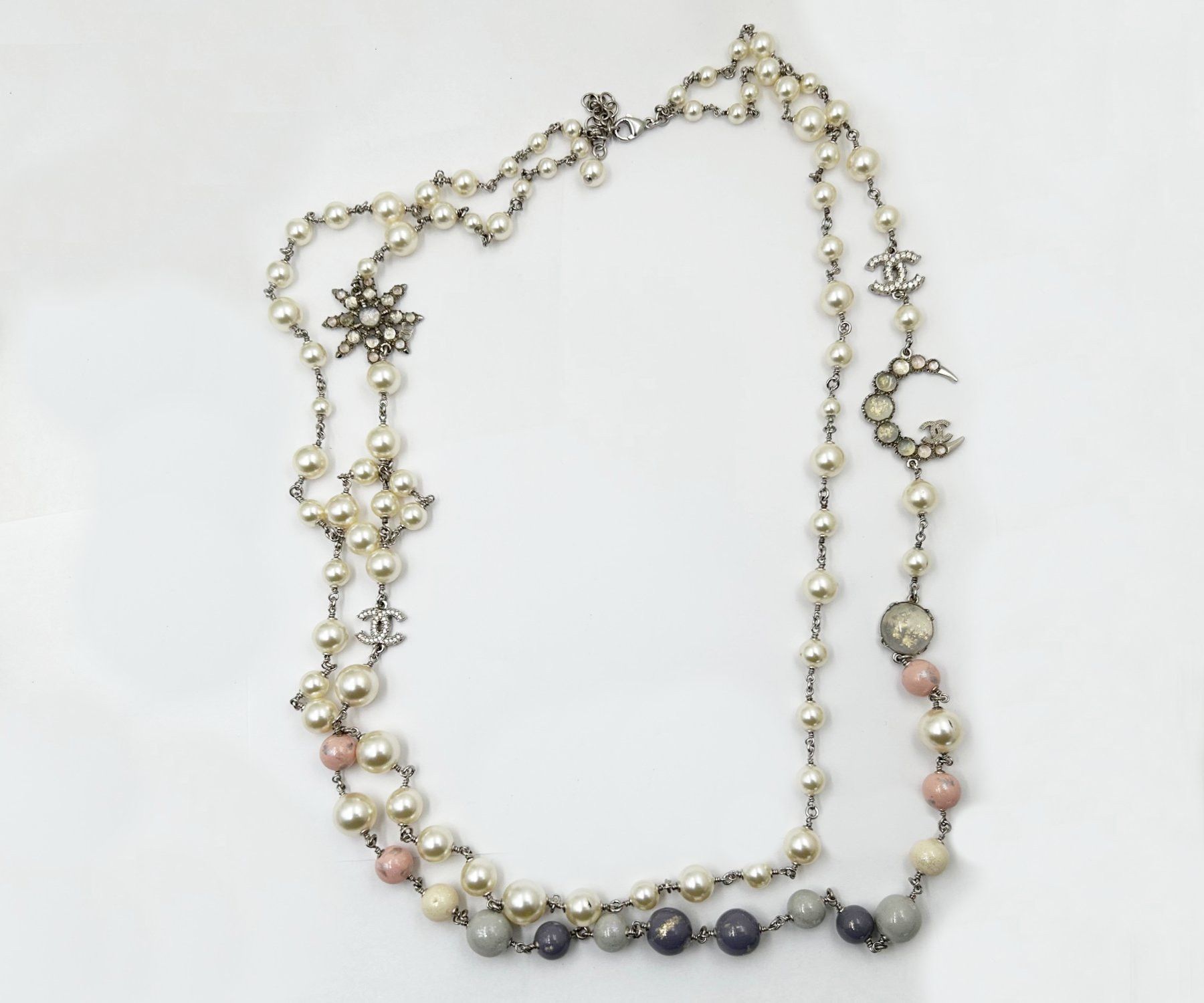 Chanel Silver CC Opal Moon Star Pastel 2 Strand Necklace