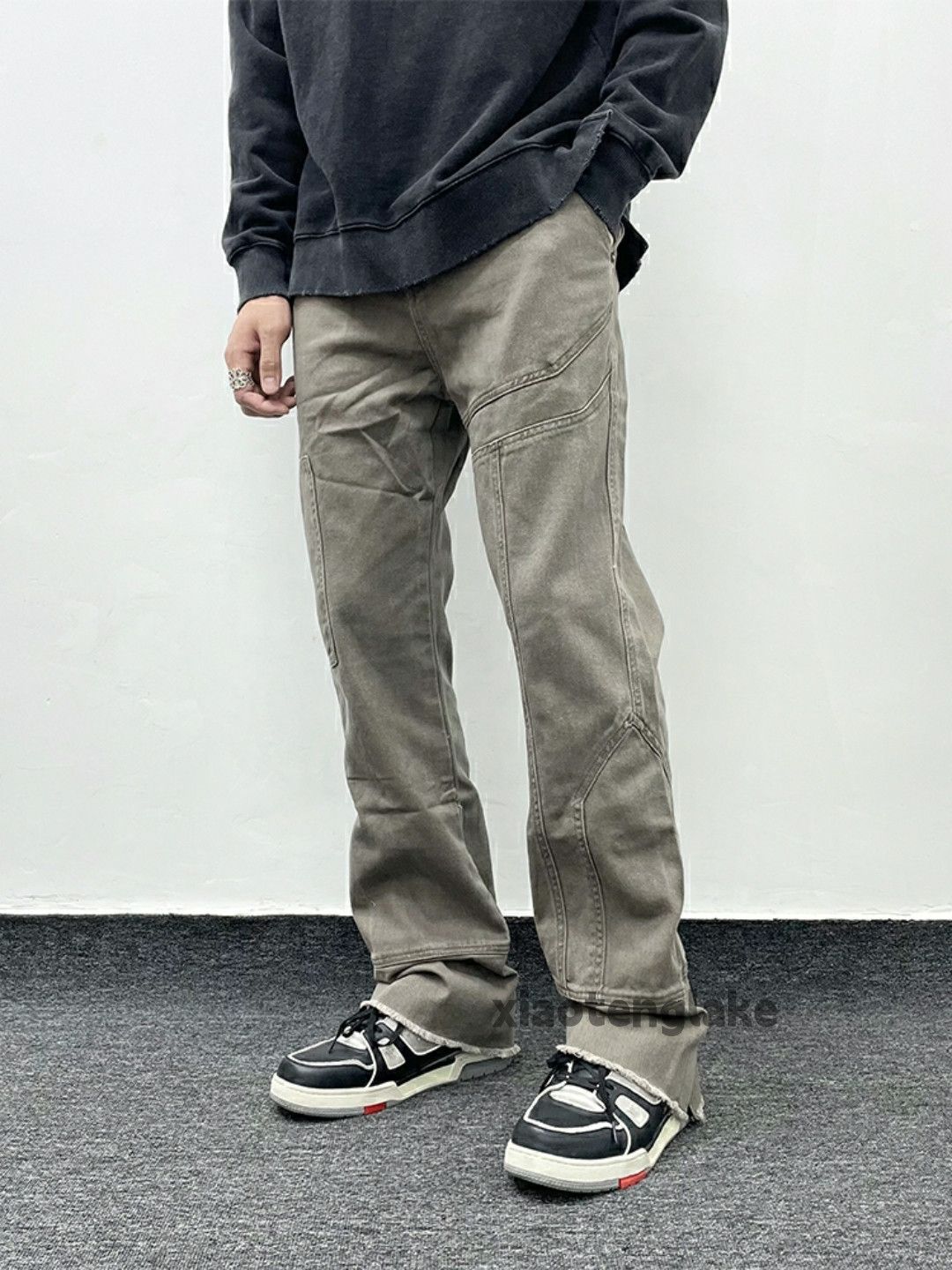 washed faded cleanfit patchwork damaged flared pants