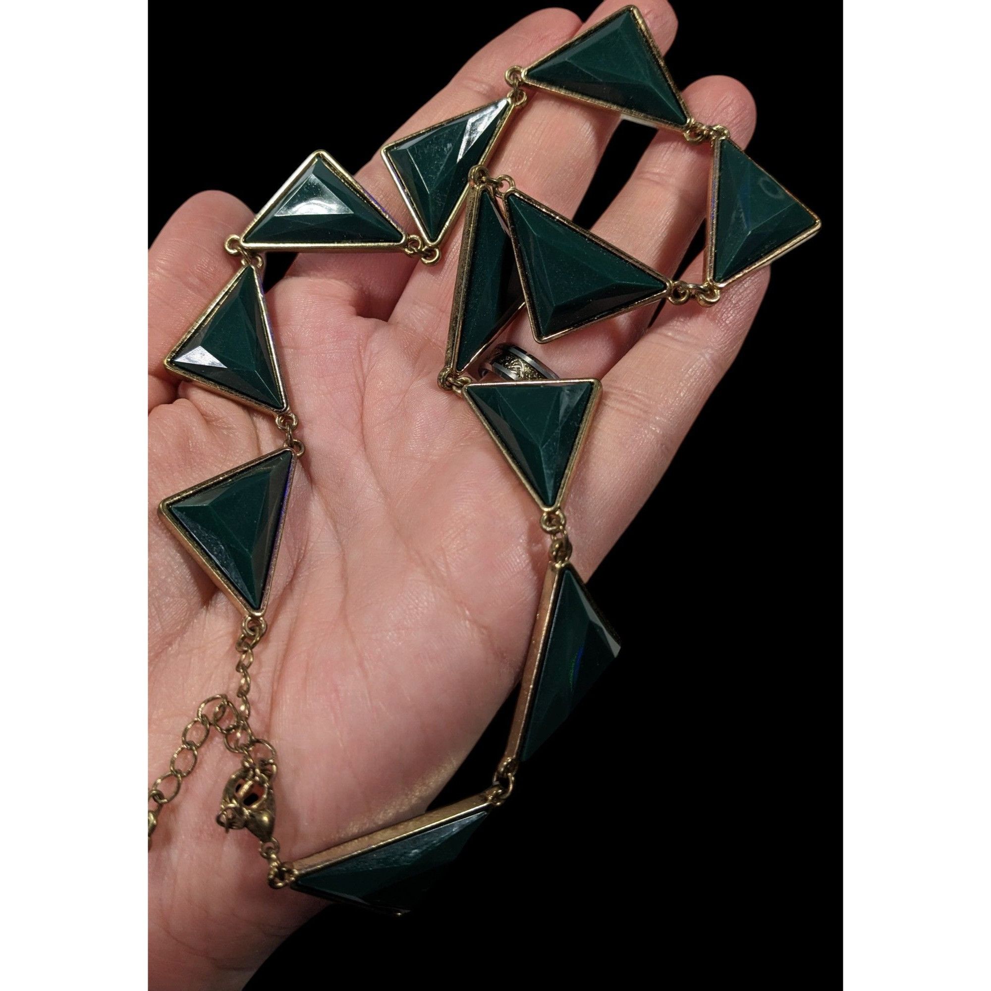 Other Geometric Dark Green And Gold Statement Necklace Size ONE SIZE - 4 Thumbnail