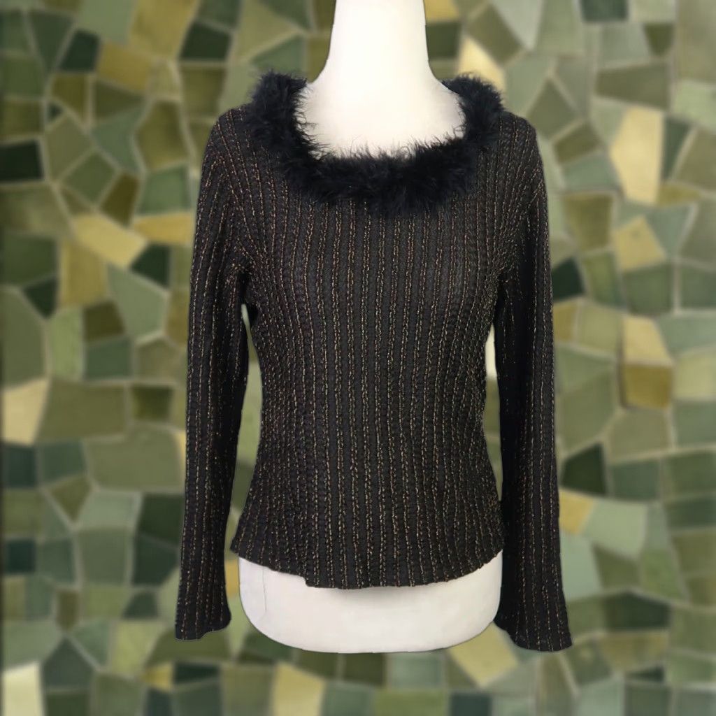 Vintage VINTAGE 90s Topaz Black w/ Gold Lurex Stripe Knit Sweater Feather Trim Women Medium Pullover Long Sleeve Glitter Fall Winter History 90s Size M / US 6-8 / IT 42-44 - 1 Thumbnail