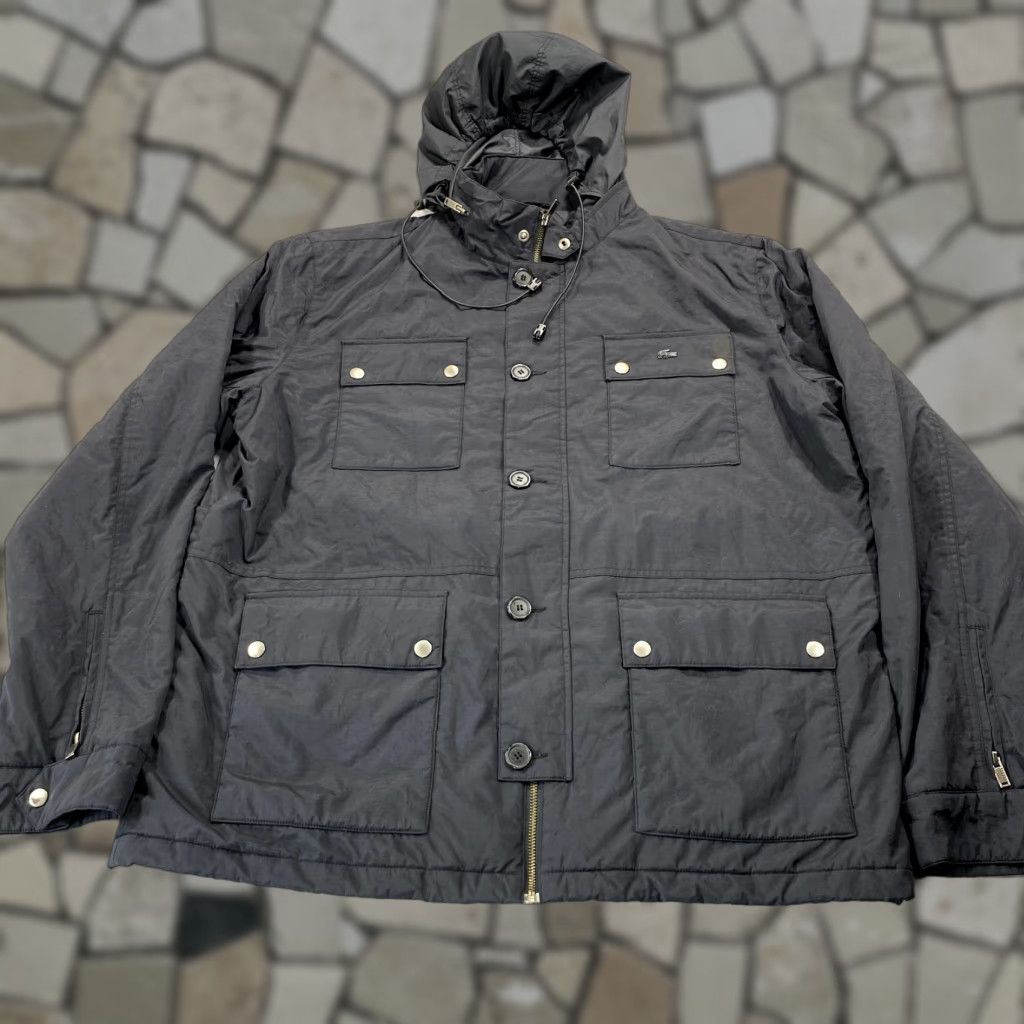 Lacoste Jacket Mens XL Black Parka Windbreaker Quilt Lined Wind-Resistant Water Resistant Zipped Pockets Collared Lined Canvas Polyester Logo Zip