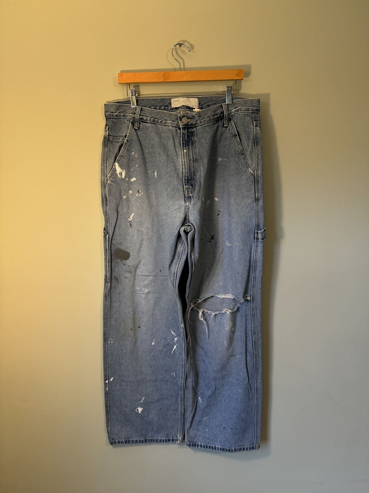 image of Levis x Vintage Baggy Thrashed Painted Levi’S Denim Carpenter Jeans in Blue, Men's (Size 36)