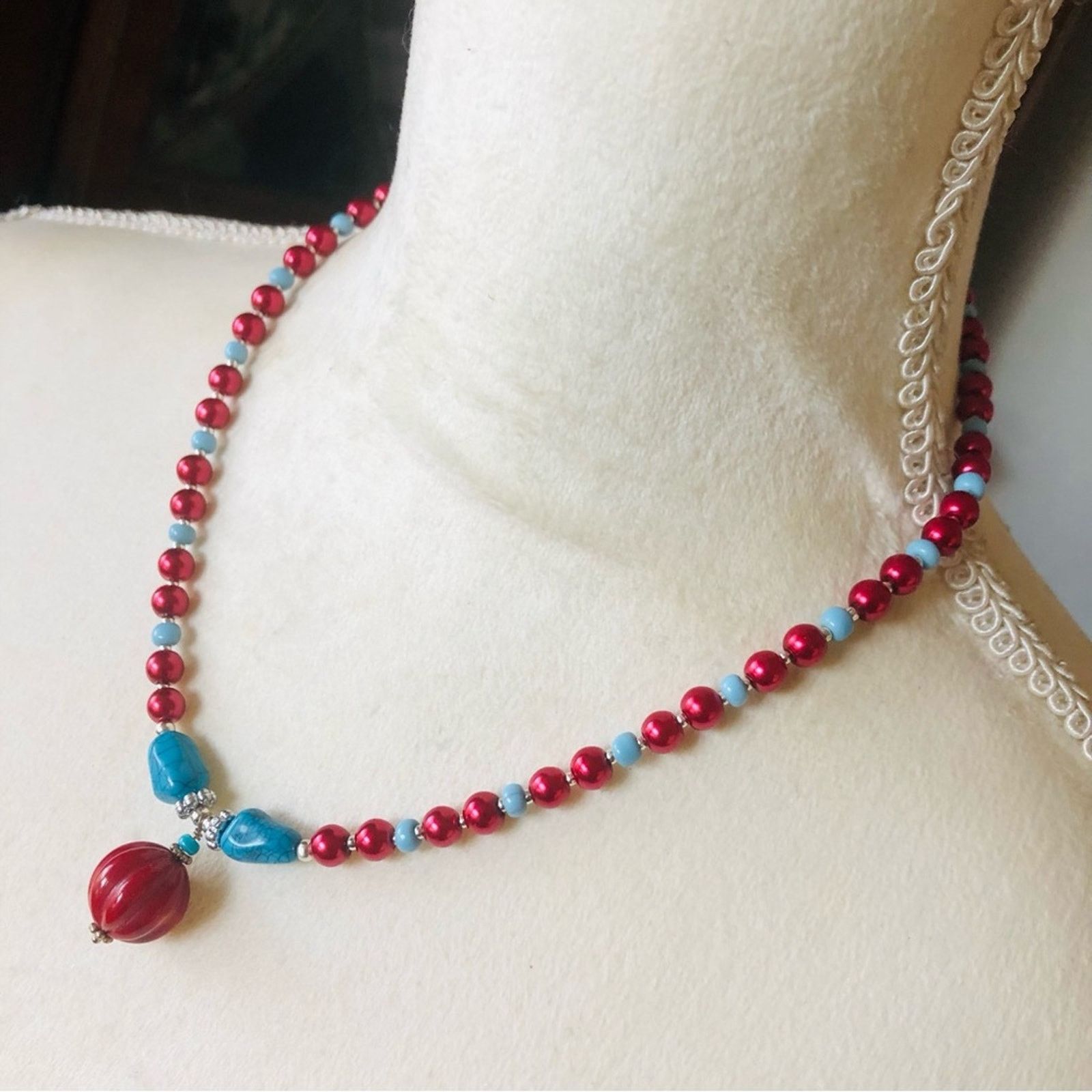 Handmade Handcrafted repurpose carved red coral stone Pearl necklace Size ONE SIZE - 4 Thumbnail