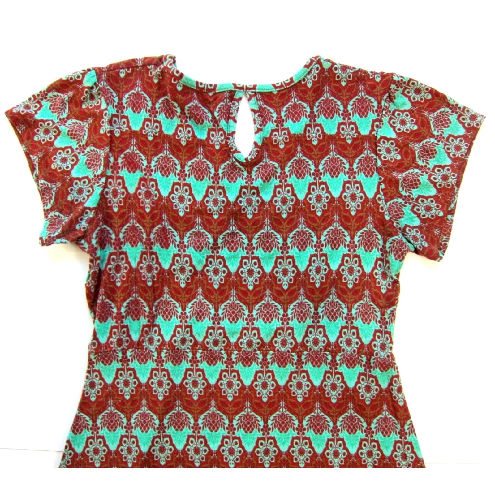 Vintage VINTAGE Za Zen Red Green Floral Short Sleeve Jersey Stretch Fit & Flare Midi Sun Dress L Size L / US 10 / IT 46 - 5 Thumbnail