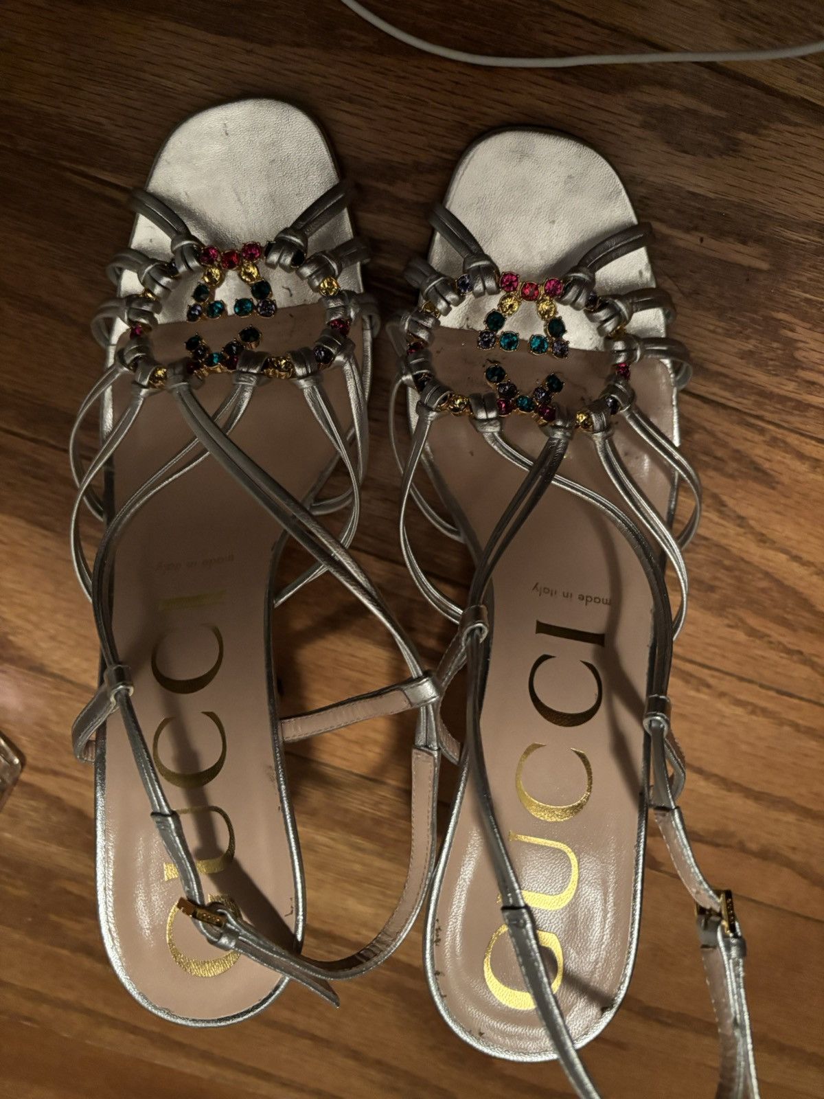 Gucci Gucci Silver Leather Sandal with Multi Colored Jeweled GG Size US 9 / IT 39 - 9 Thumbnail