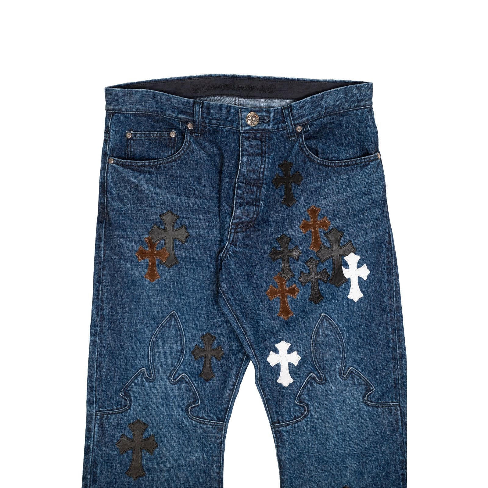 Chrome Hearts Indigo Denim Fleur Knee Jeans Black White & Brown Patches Size US 36 / EU 52 - 3 Thumbnail