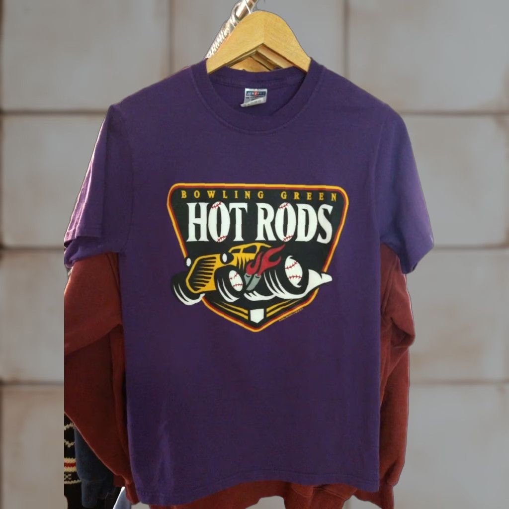 Jerzees VINTAGE Bowling Green Hotrods T Shirt S Minor League Baseball Ray's affiliate Mens Green Cotton Blend Short Sleeve 2014 Size US S / EU 44-46 / 1 - 1 Thumbnail
