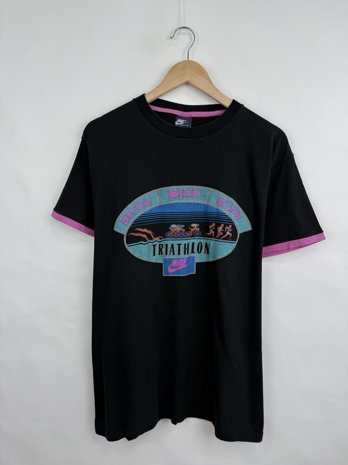 Nike × Vintage 🇮🇹 Vintage 80s Nike Ironman Triathlon Swim Bike Run T-Shirt Size US L / EU 52-54 / 3 - 3 Thumbnail