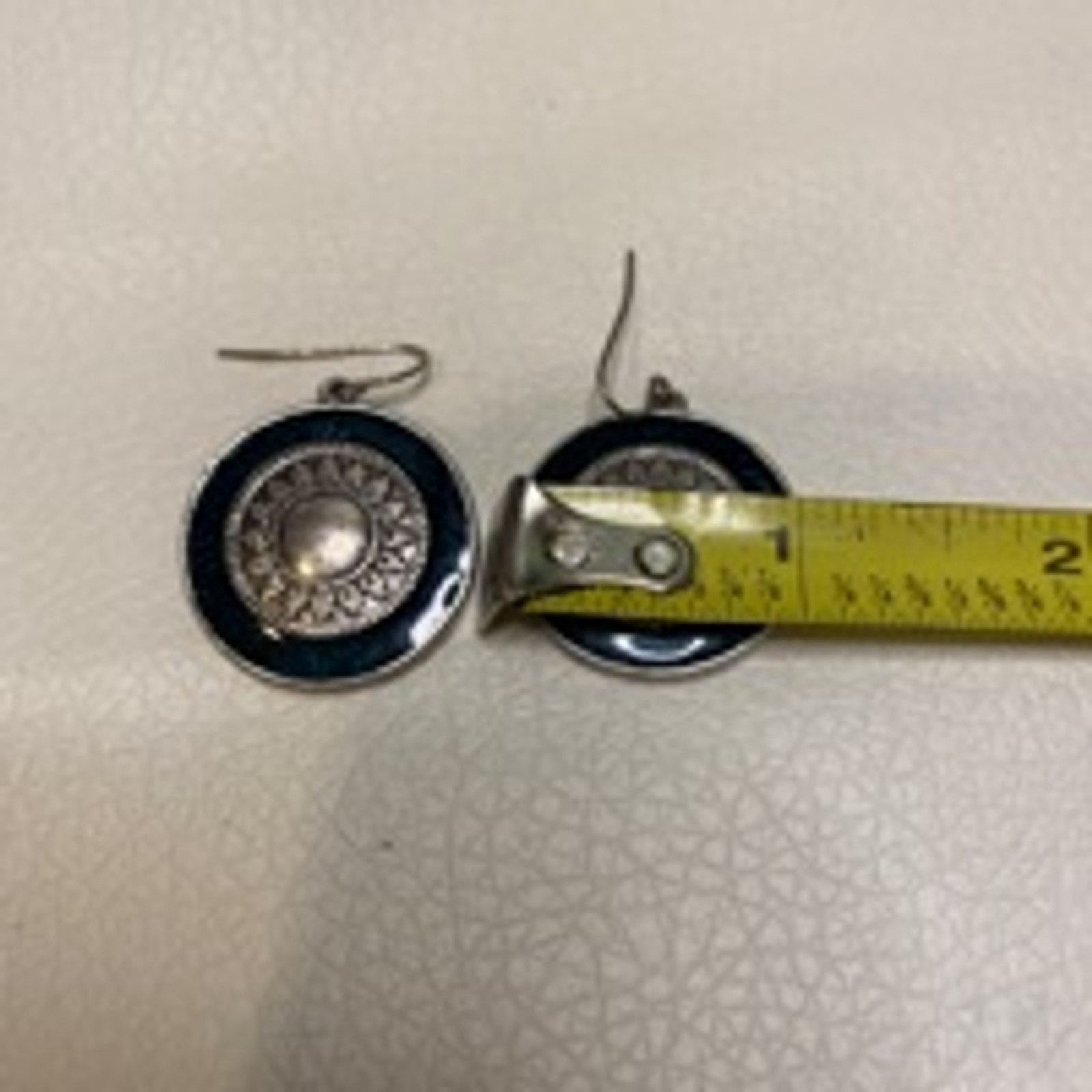 Vintage Boho Round Dangle Earrings Silver & Navy Blue Enamel Size ONE SIZE - 5 Thumbnail