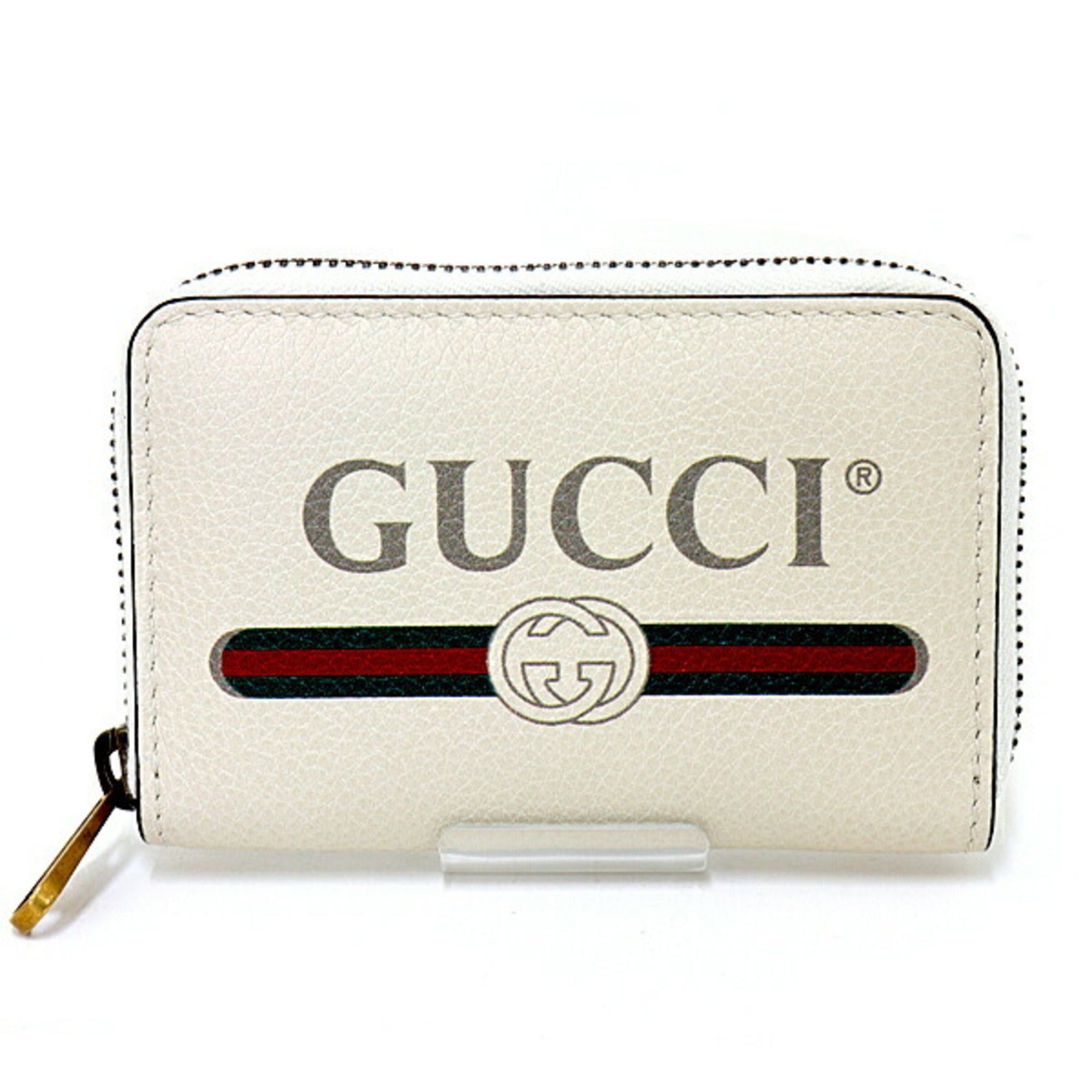image of Gucci Round Zipper Coin Case Logo Print Card Interlocking G Purse Leather 496319 White Antique Gold