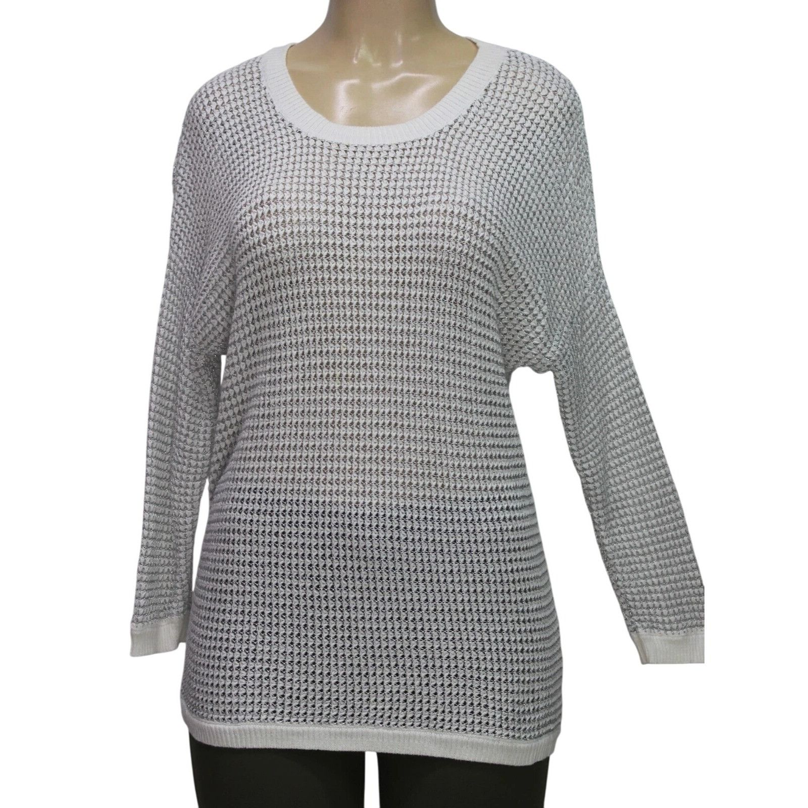 Apt. 9 APT 9 L Womens Sweater White Silver Metallic Knit Sheer Pull Size L / US 10 / IT 46 - 8 Thumbnail