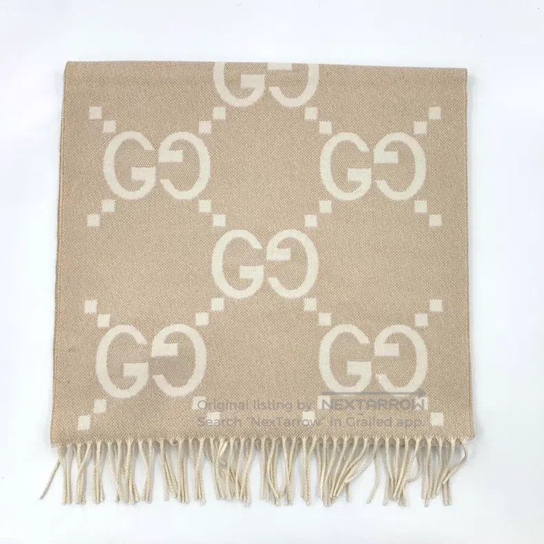 Gucci Gucci Oatmeal logo jacquard full print cashmere tassel sca Size ONE SIZE - 1 Thumbnail