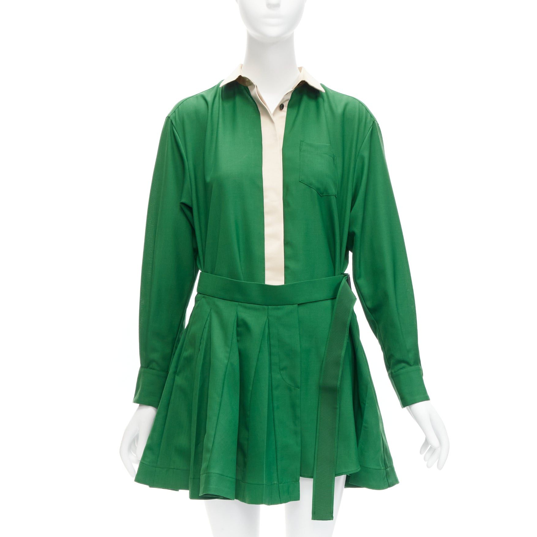 Sacai SACAI 2022 cream satin collar placket green belted pleated layered skirt shirt dress JP1 S Size S / US 4 / IT 40 - 1 Thumbnail