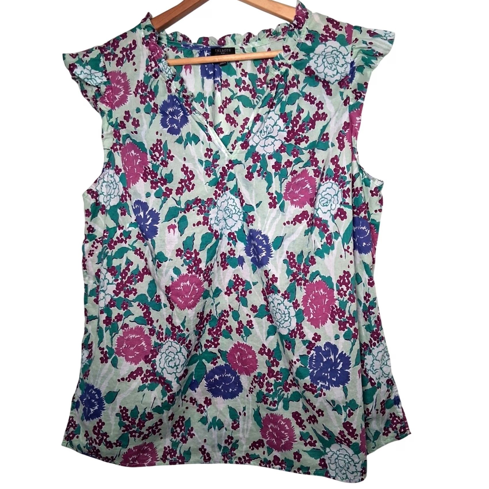 Talbots Talbots Blouse 1X Blue Purple Floral Sleeveless Ruffle V-Neck Pullover Shirt Women Plus Size Size XL / US 12-14 / IT 48-50 - 2 Thumbnail