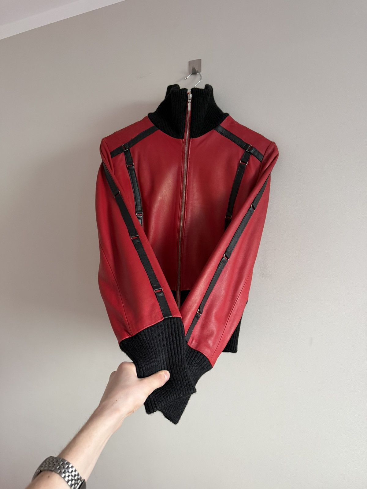 Japanese Brand Red Leather Jacket High Neck Pearl Sheen Strap Detail Size S / US 4 / IT 40 - 3 Thumbnail