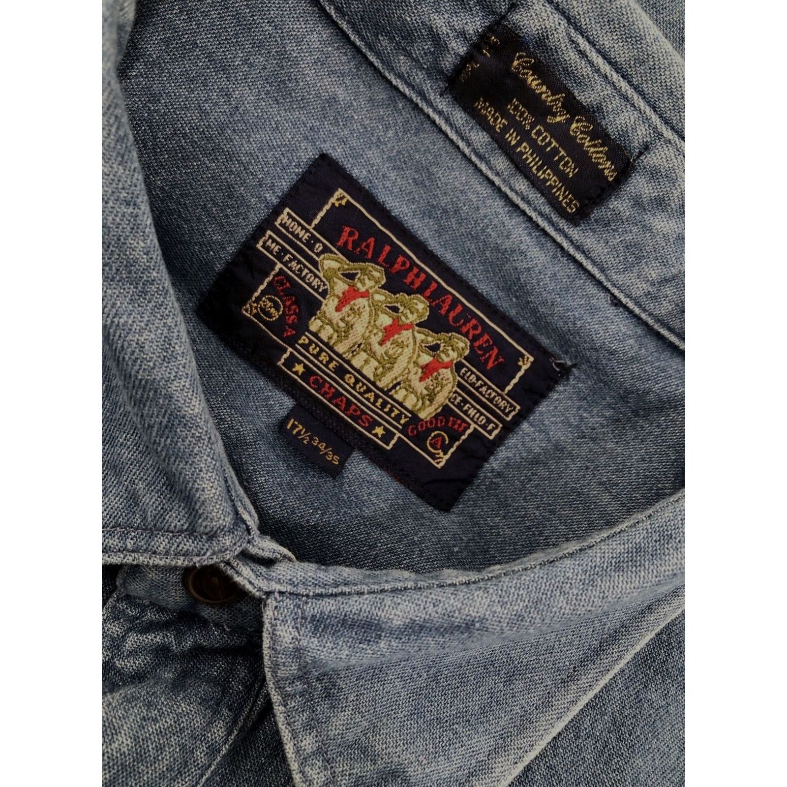 Ralph Lauren Chaps / Ralph Lauren Country Cottons Denim Shirt 1990s Vintage Blue 17.5 34/35 Long Sleeve Men's Shirt Boots style Size US XXL / EU 58 / 5 - 5 Thumbnail