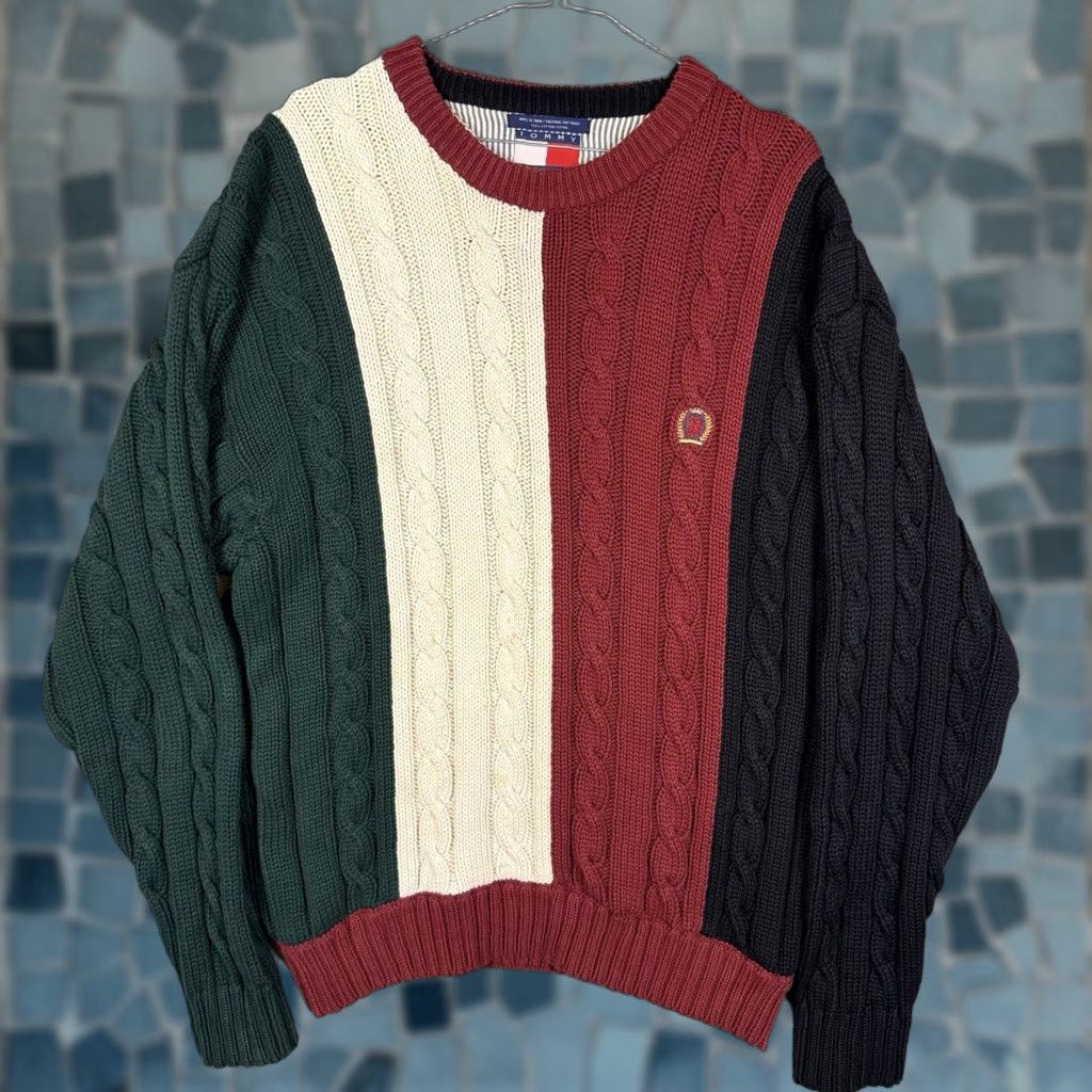 Tommy Hilfiger VINTAGE Tommy Hilfiger Cable Knit Sweater Mens XL Crest Rugby Stripe Pullover Knit Vtg Size US XL / EU 56 / 4 - 1 Thumbnail