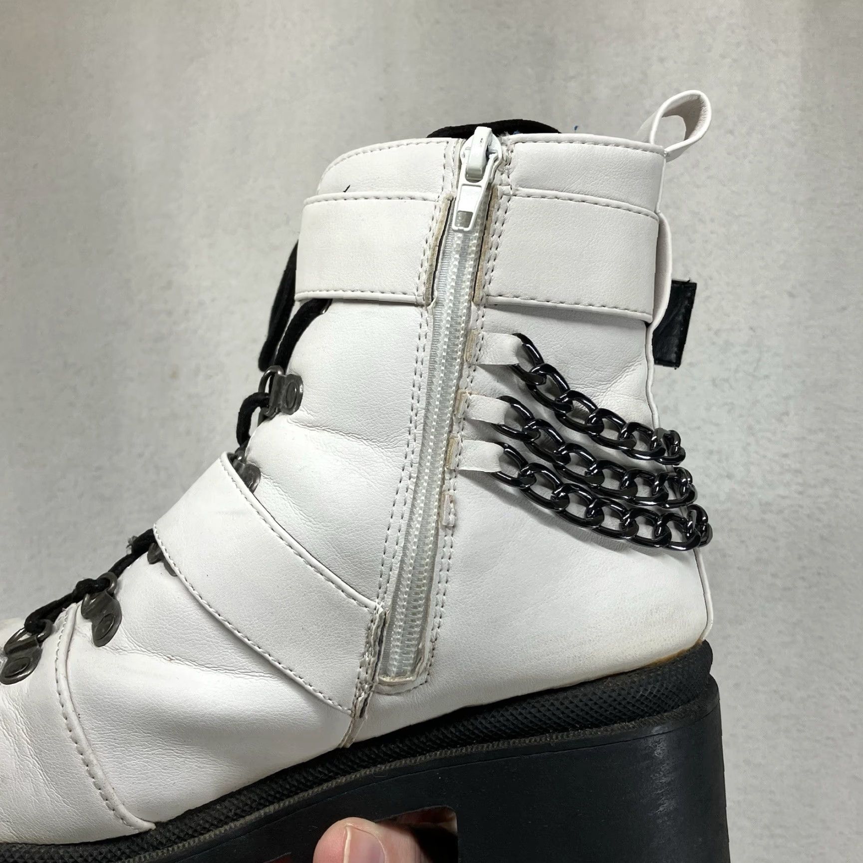 Sugar SUGAR Combat Boot White Ankle Size 7.5 Block Heel Punk Chains Buckles Womens Size US 7.5 / IT 37.5 - 6 Thumbnail