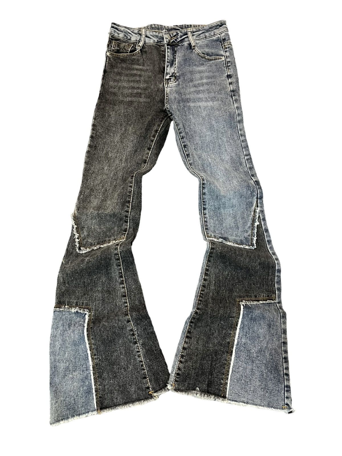 image of 14Th Addiction x If Six Was Nine Split Patchwork Flared Denim in Black Blue, Men's (Size 26)