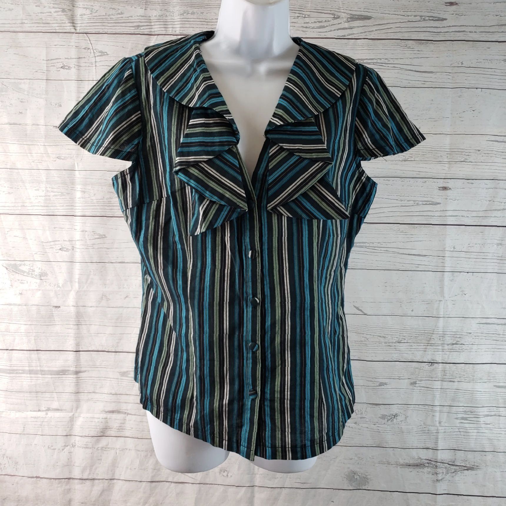 Vintage Voodoo Vixen Button Front Top Womens Sz Large Blue Green Striped 100% Cotton Cap Sleeve V-Neck Casual Shirt Womens Size L / US 10 / IT 46 - 2 Thumbnail