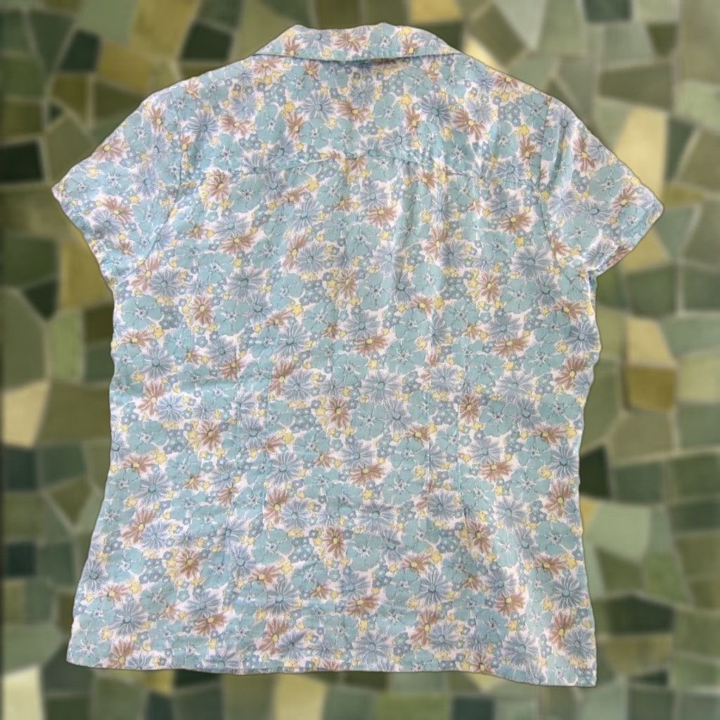 Liz Claiborne Liz Claiborne Blouse Shirt 10 Womens Short Sleeve Green Floral 100% Linen Button Down Size L / US 10 / IT 46 - 1 Thumbnail