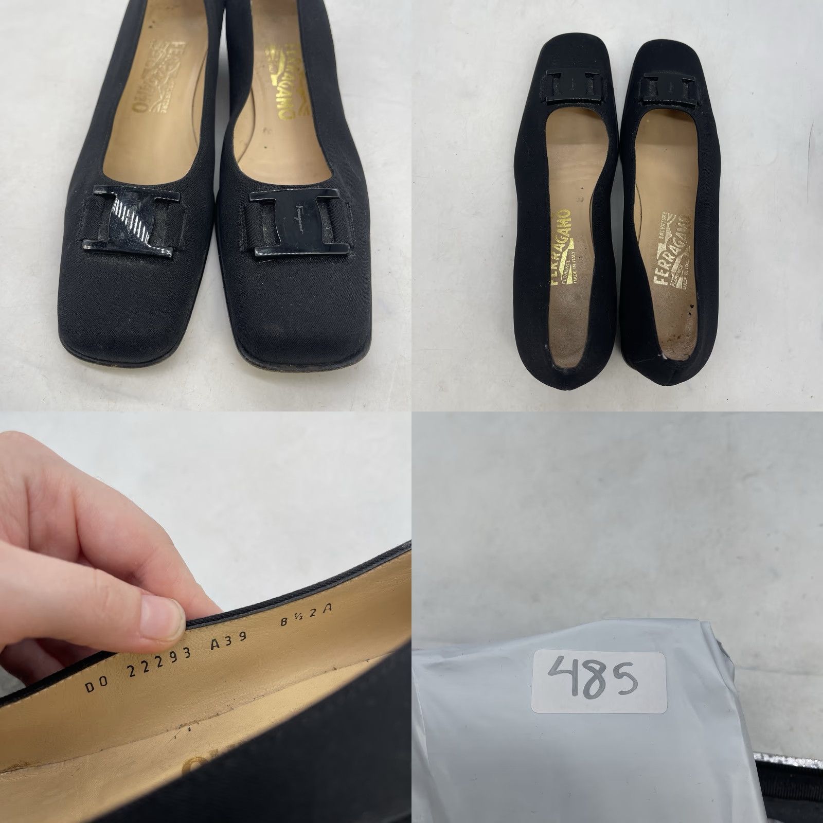 VINTAGE Salvatore Ferragamo Heels Womens 8.5 Black Satin Buckle 90s VTG Pump, Slip On, Square Toe, Leather Lining, AA Width, Block Heel, Shirt?